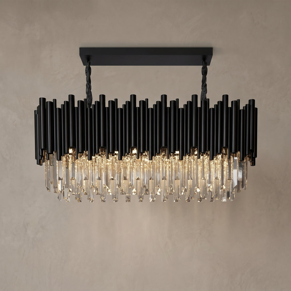 Large Noctis black crystal linear pendant, close-up