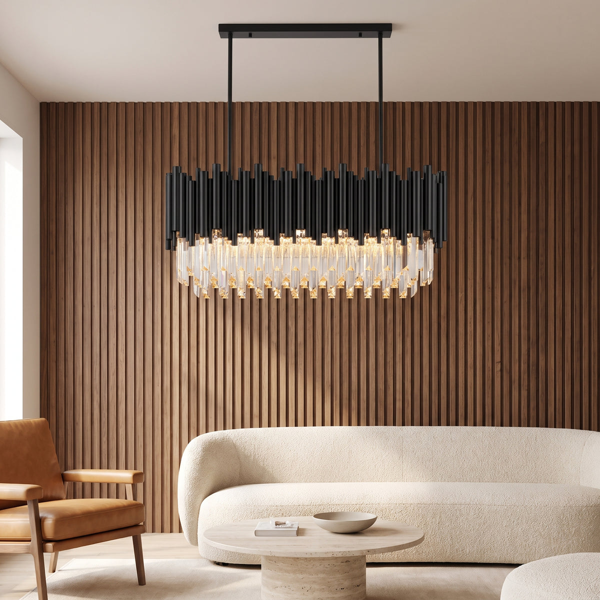 Noctis black crystal linear pendant in a warm living room