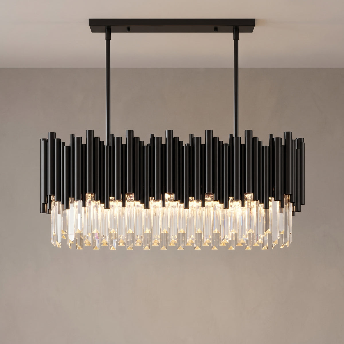 Medium Noctis black crystal linear pendant, close-up