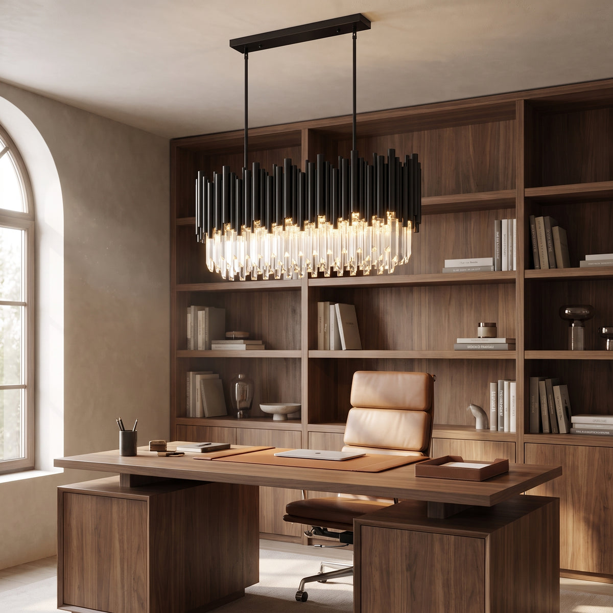 Noctis black crystal linear pendant above a walnut desk