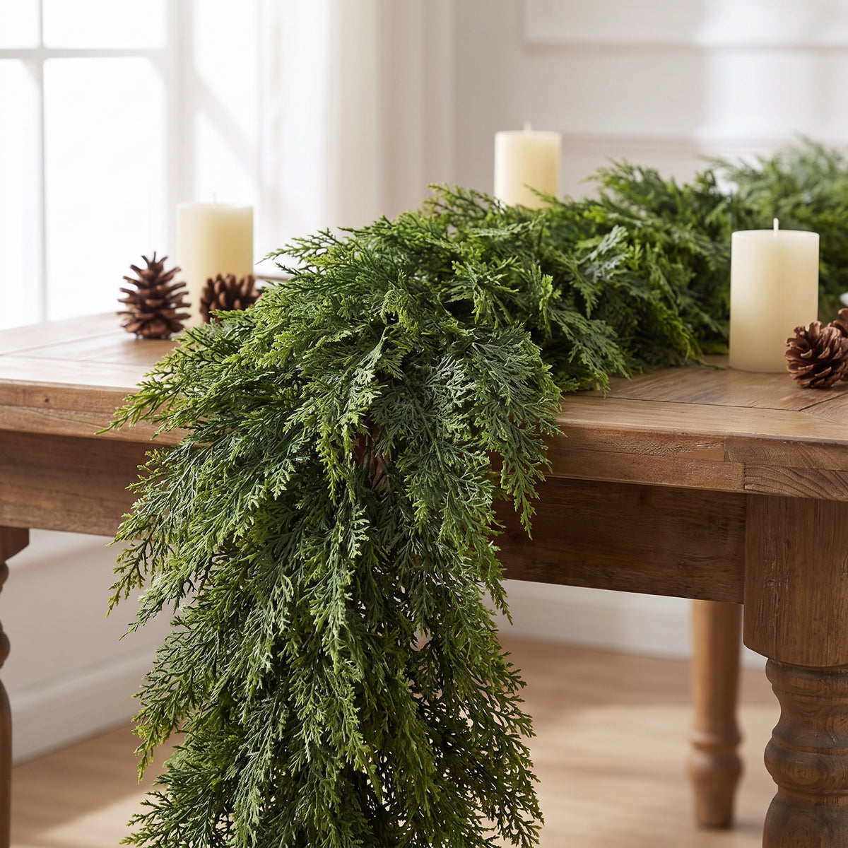 Noel Faux Cedar Pine Garland on dining table