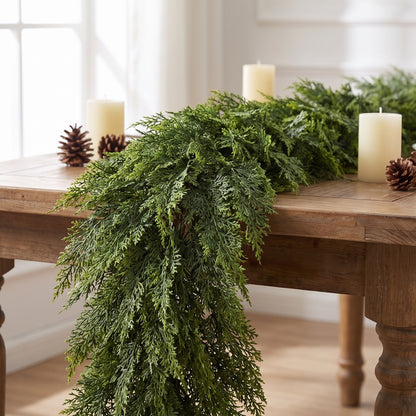 Noel Faux Cedar Pine Garland on dining table