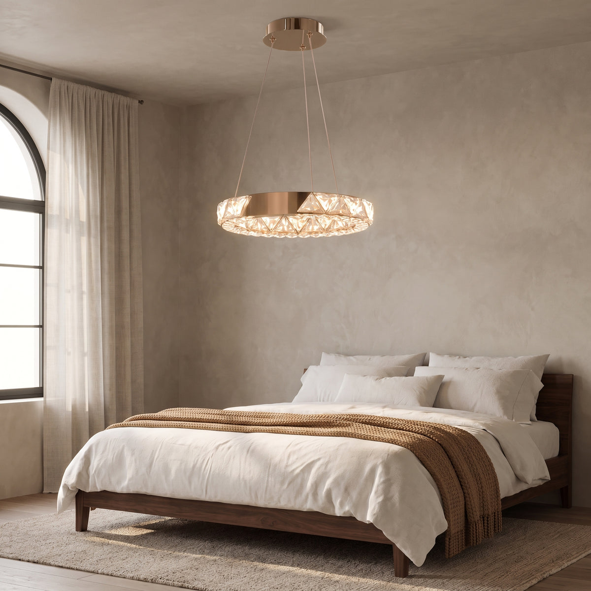 Noor crystal ring chandelier in a serene walnut bedroom