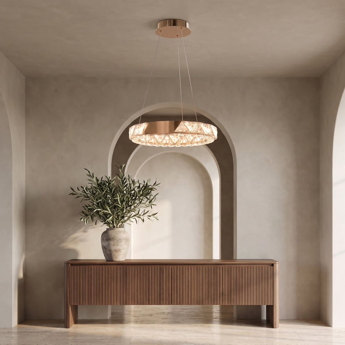 Noor crystal ring chandelier in an elegant entry hall