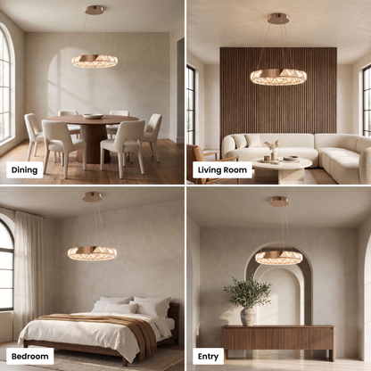 Noor crystal ring chandelier shown in dining, living room, bedroom and entry settings