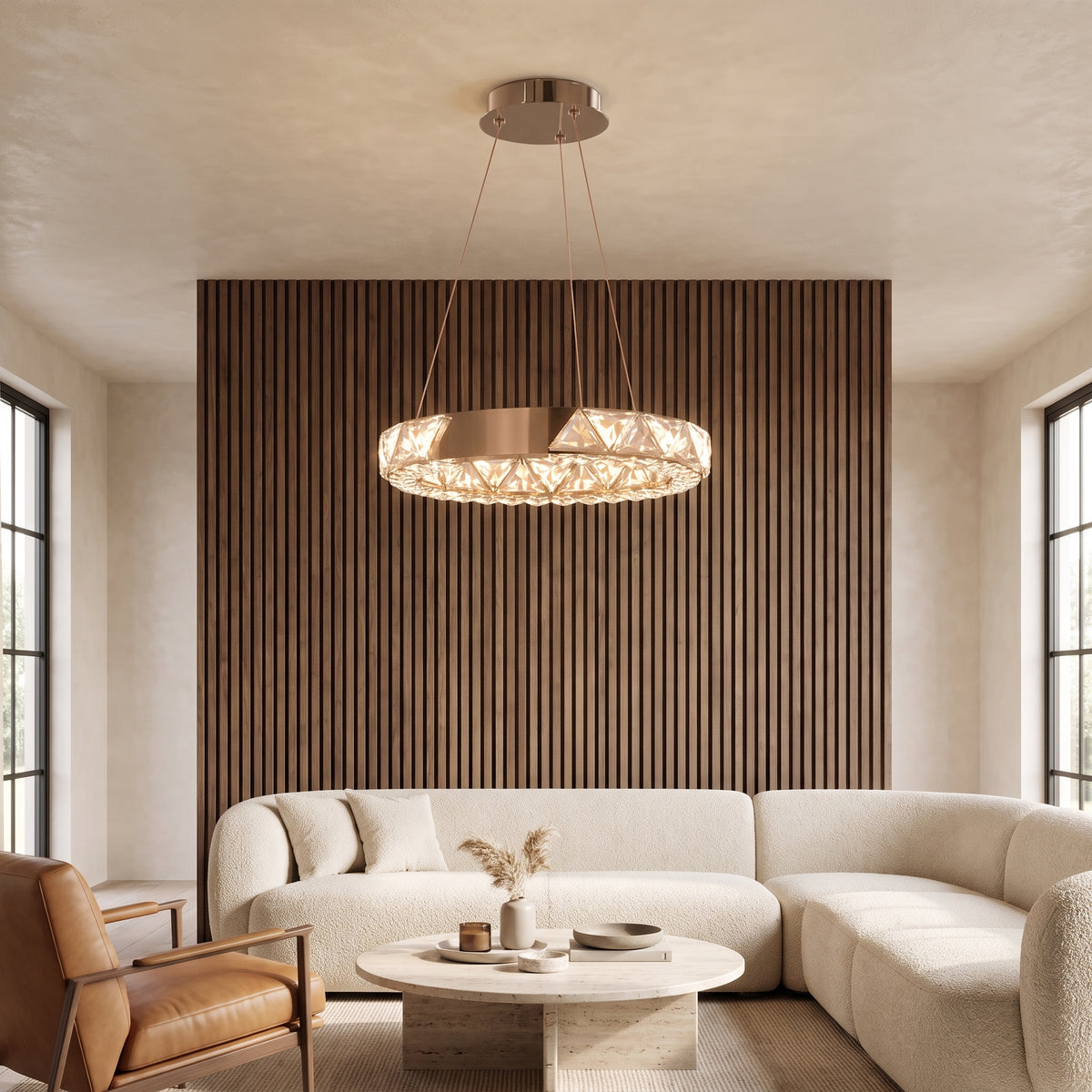 Noor crystal ring chandelier in a warm living room