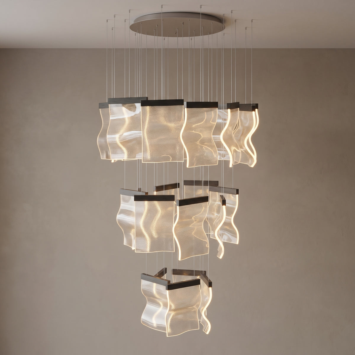 Nyra cascading chandelier, 25 lights, Black Ash, close-up