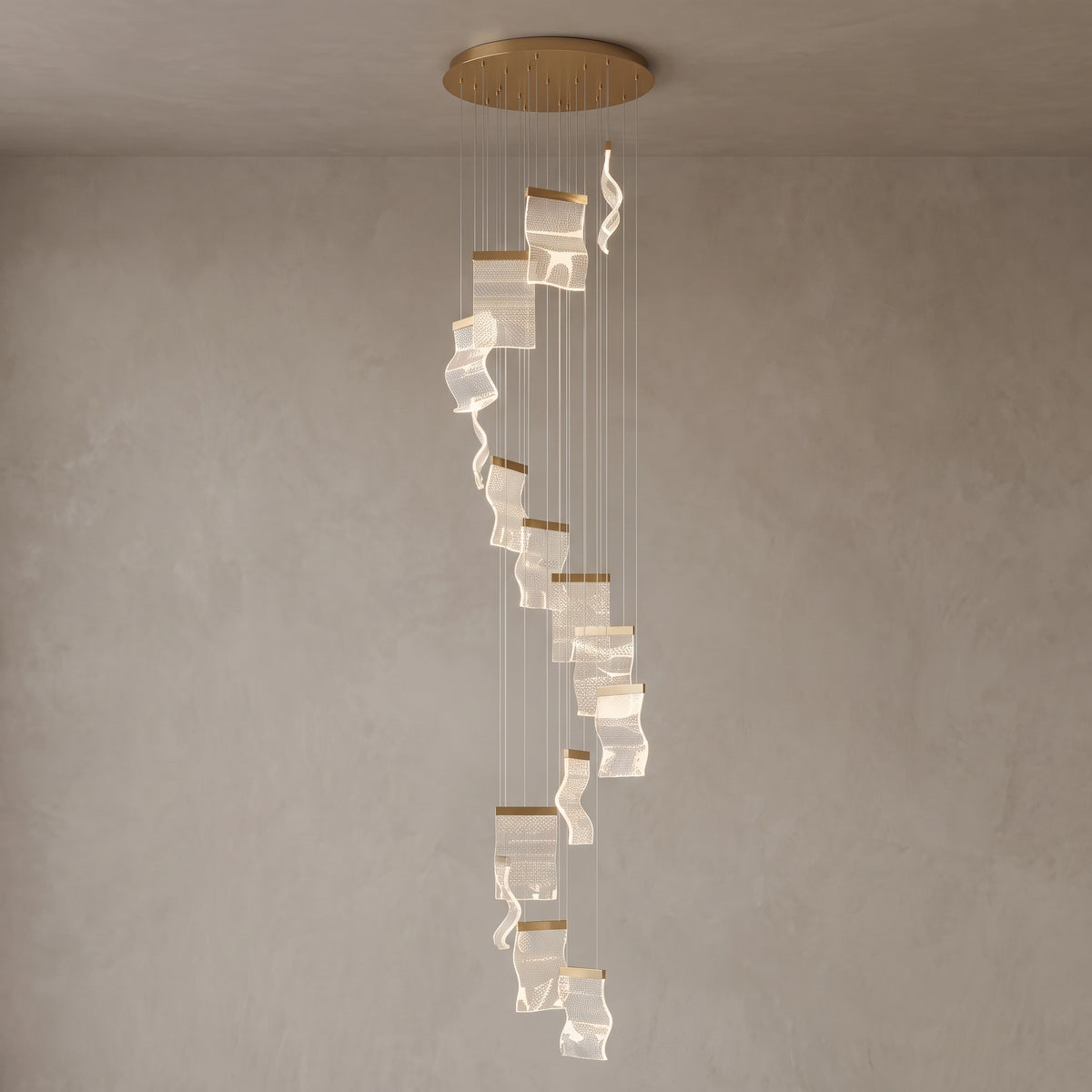 Nyra cascading chandelier, 15 lights, Metallic Gold, close-up