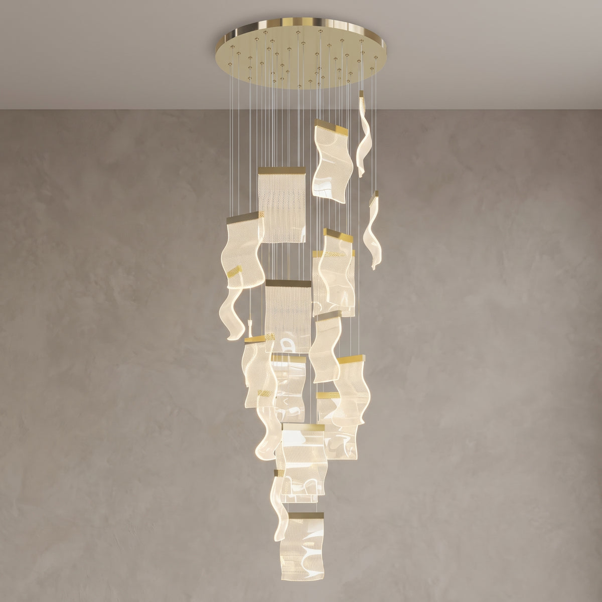 Nyra cascading chandelier, 20 lights, Metallic Gold, close-up