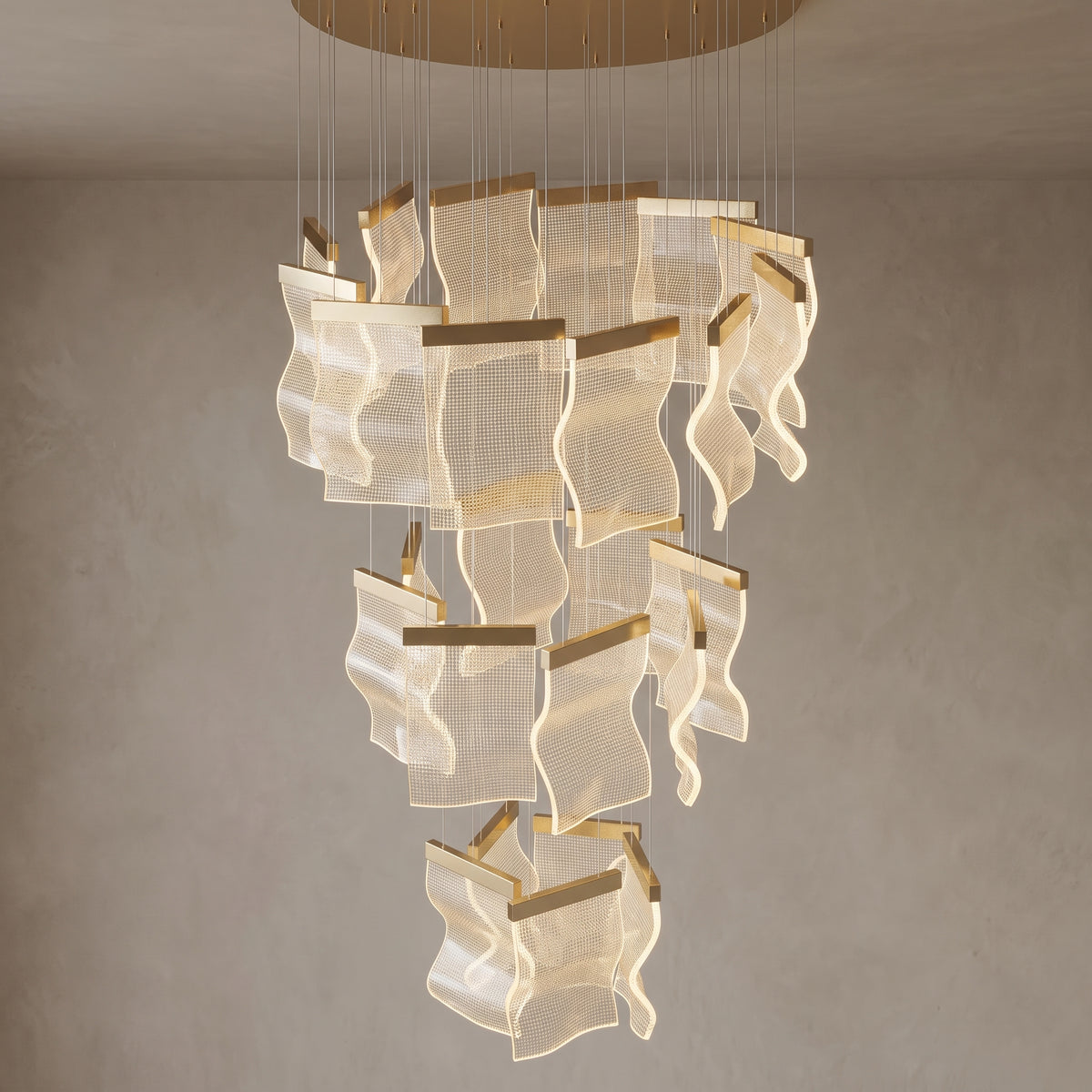 Nyra cascading chandelier, 25 lights, Metallic Gold, close-up