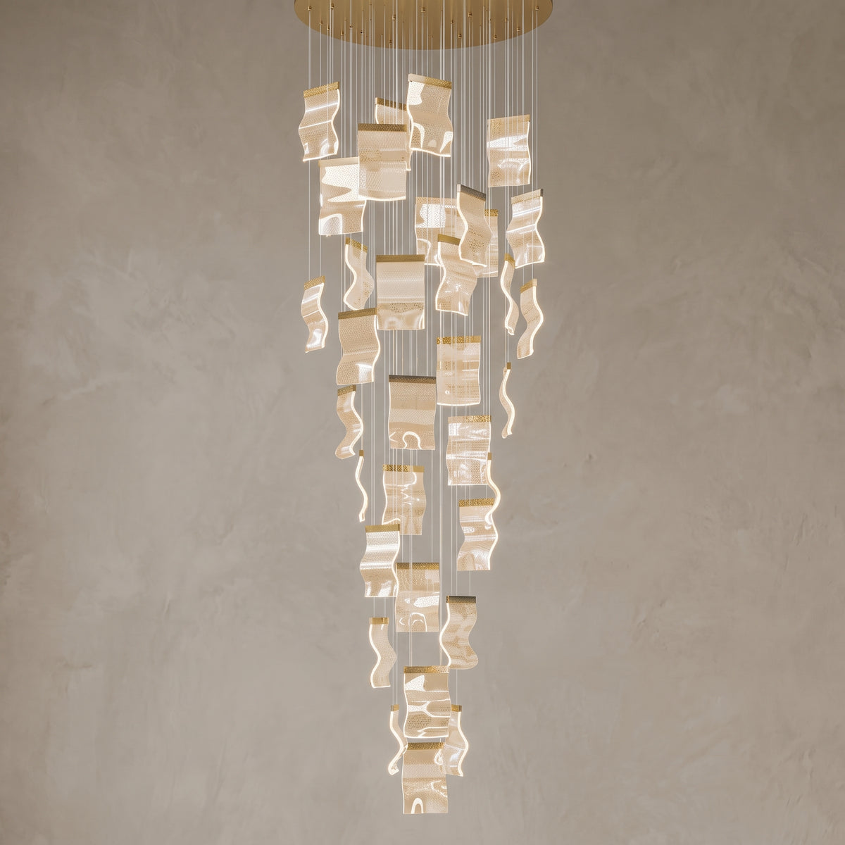 Nyra cascading chandelier, 35 lights, Metallic Gold, close-up
