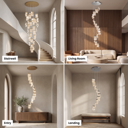 Nyra cascading chandelier shown in stairwell, living room, entry and landing settings