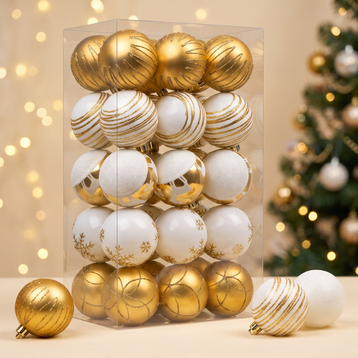 30 piece gold and white Christmas ornament set