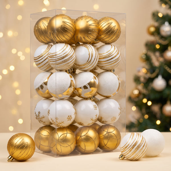 Christmas Ornaments Ball Set, 30 Shatterproof Ornaments, 2.36 Inch Tree Decor, Gold & White