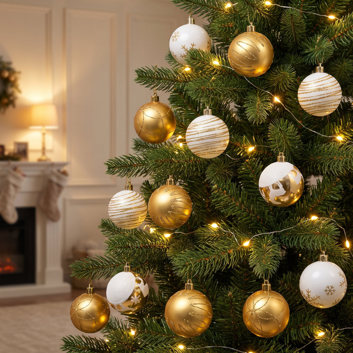 gold and white ornaments hanging in a Christmas tree