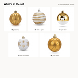 Whats in the set: 30 gold and white ball ornaments by design