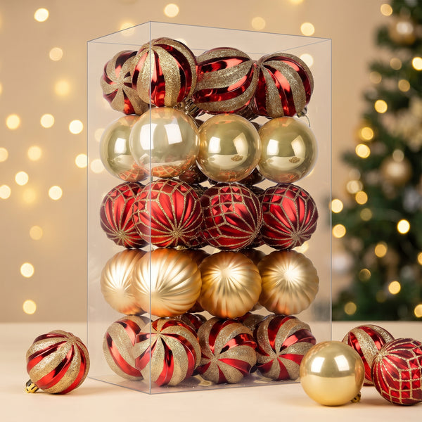 Christmas Ornaments Set, 30 Ball Ornaments 2.36 Inch, Red & Gold