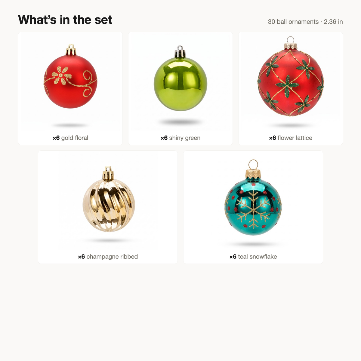 Whats in the set: 30 red, green and gold ball ornaments by design