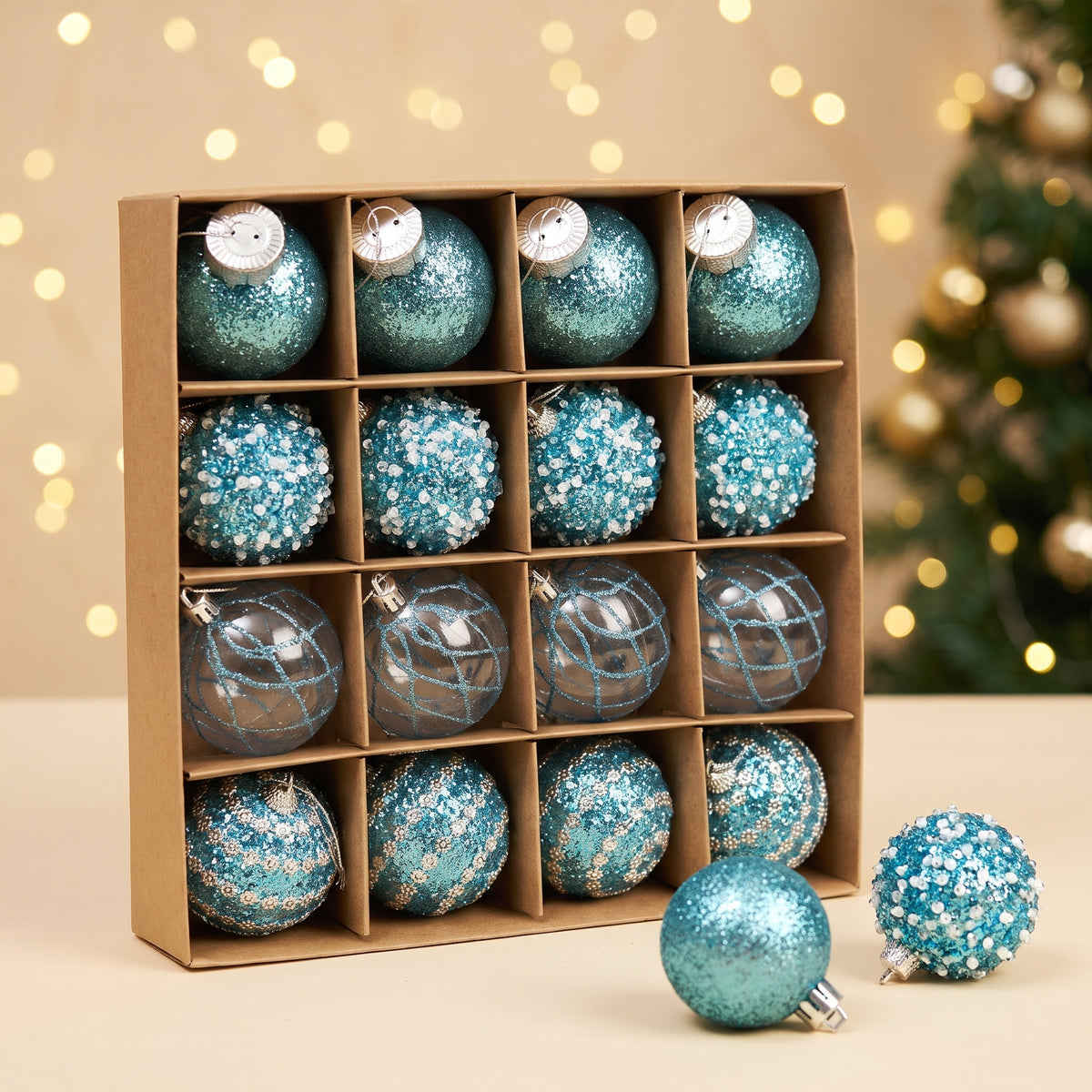 16 piece teal blue Christmas ornament set
