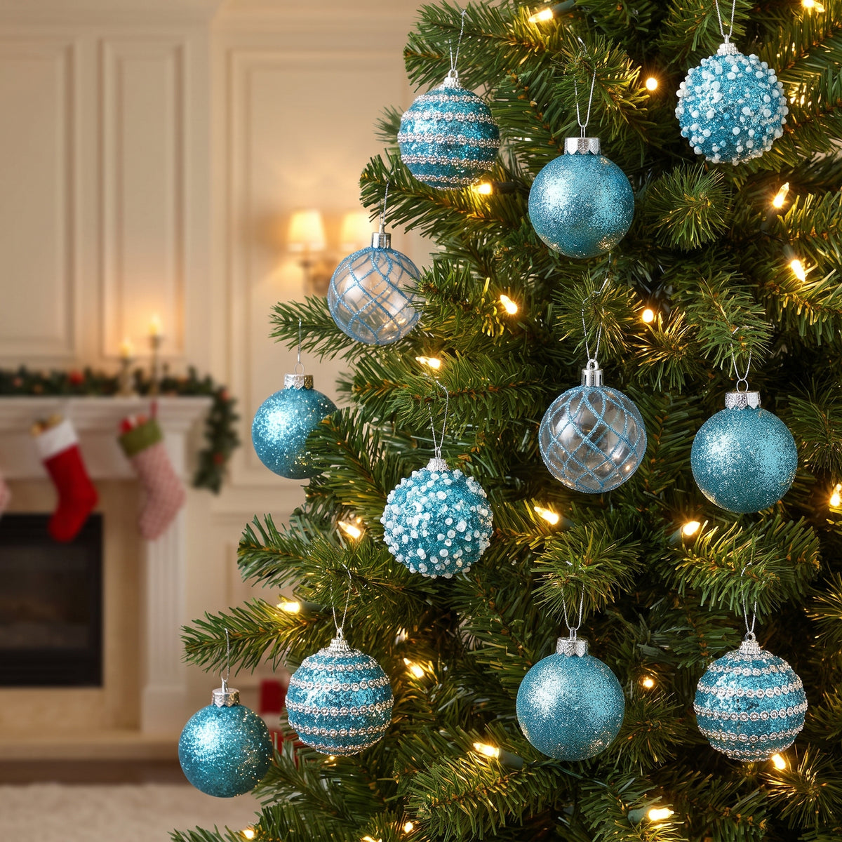 teal blue ornaments hanging in a Christmas tree
