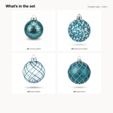 Whats in the set: 16 teal blue ball ornaments by design