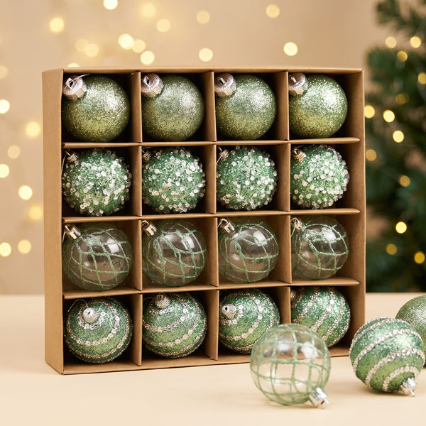 Christmas Tree Decorations, Set of 16 Green Ball Ornaments, 2.36 Inch Plastic, Glam Style