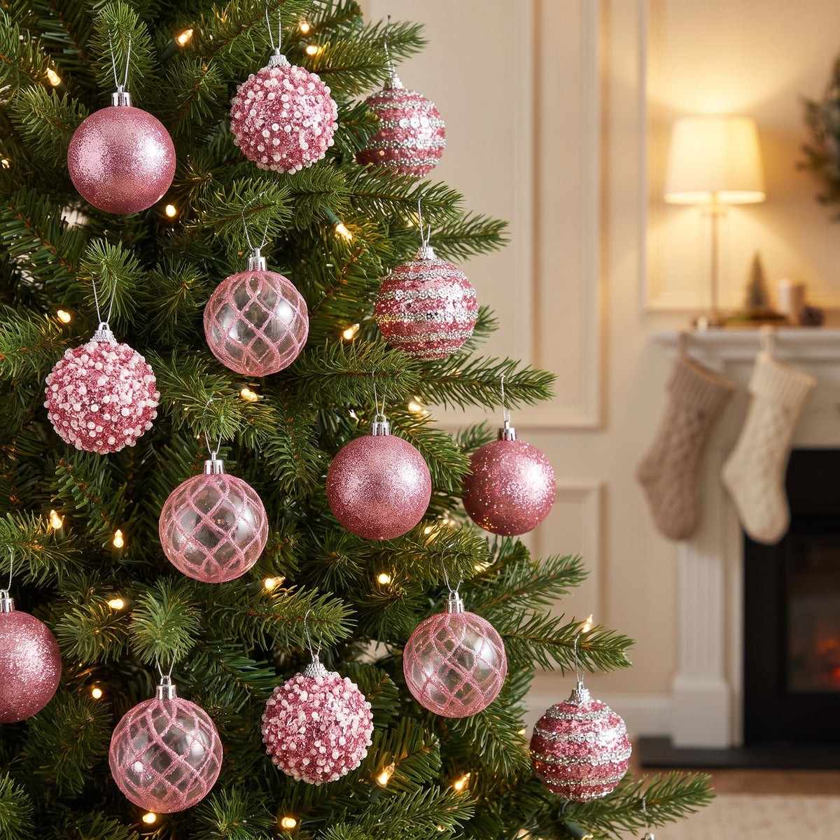 blush pink ornaments hanging in a Christmas tree