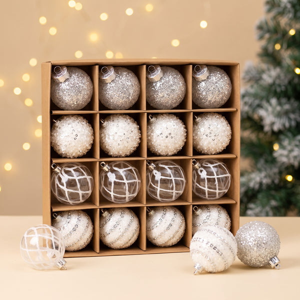 Christmas Ornaments Ball Set of 16, White Plastic Balls, 2.36 Inch Glam Christmas Tree Decor