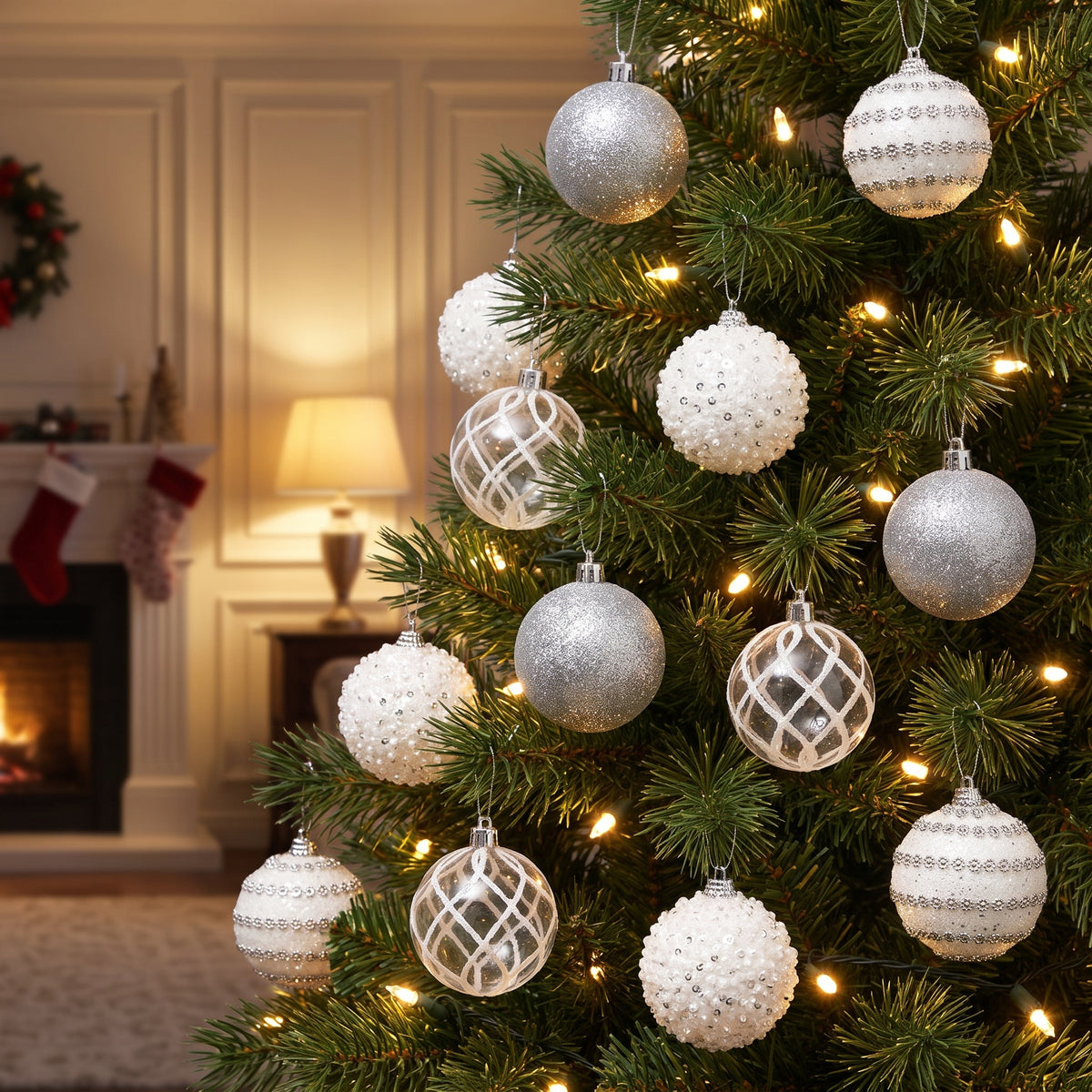 white and silver ornaments hanging in a Christmas tree