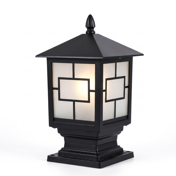 Oakmont Solar Outdoor Post Light, Framed Frosted Glass, Dusk-to-Dawn Pillar