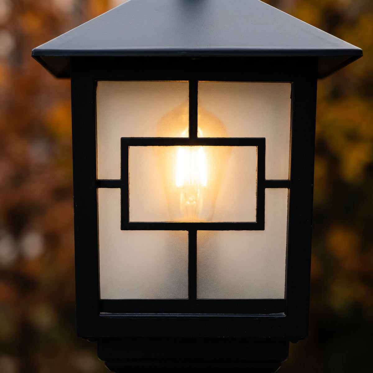 Oakmont macro detail of frame pattern and warm Edison bulb
