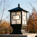 Oakmont framed glass post light in crisp late-autumn morning sun
