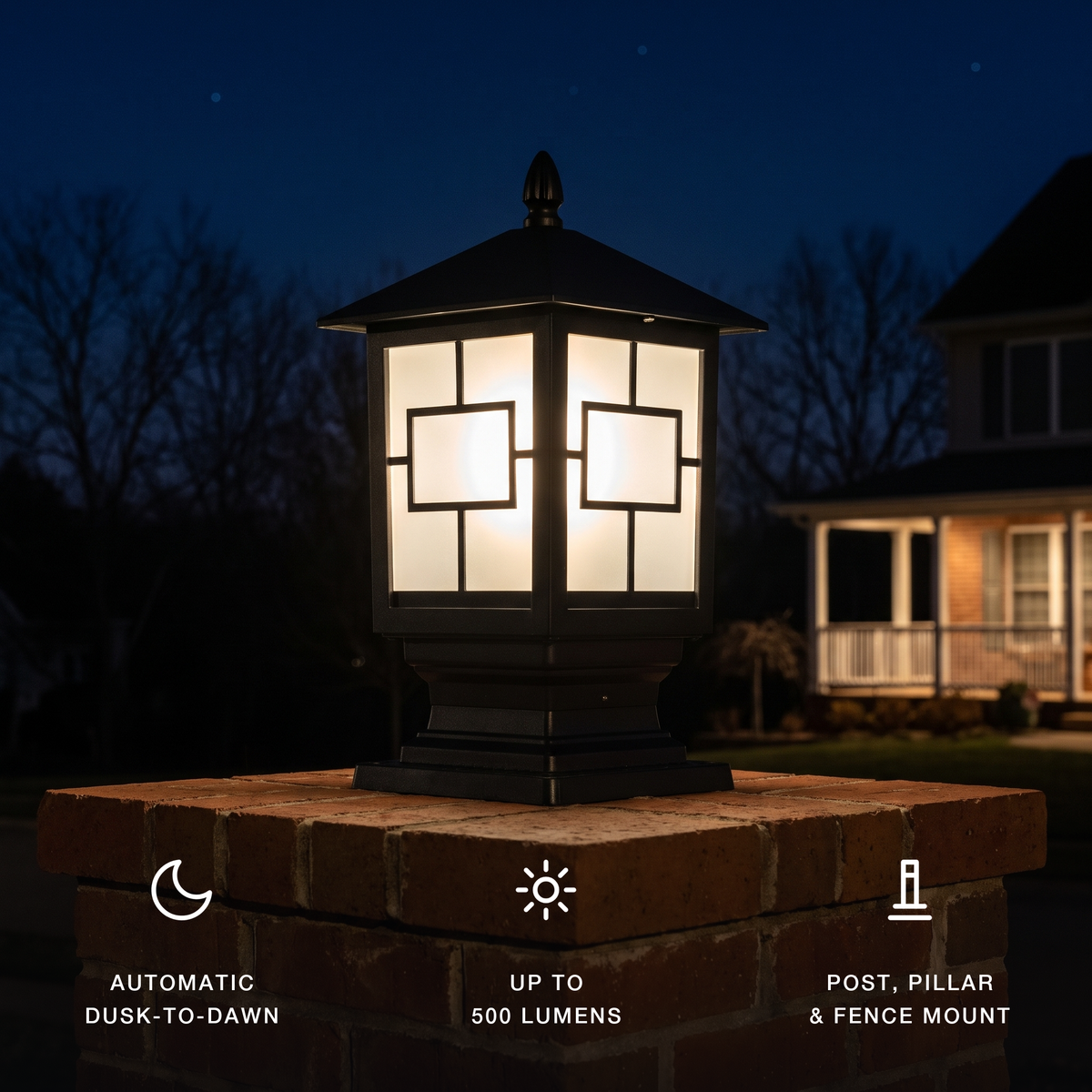 Oakmont post light at night with key specs: automatic dusk-to-dawn, up to 500 lumens, post pillar and fence mount