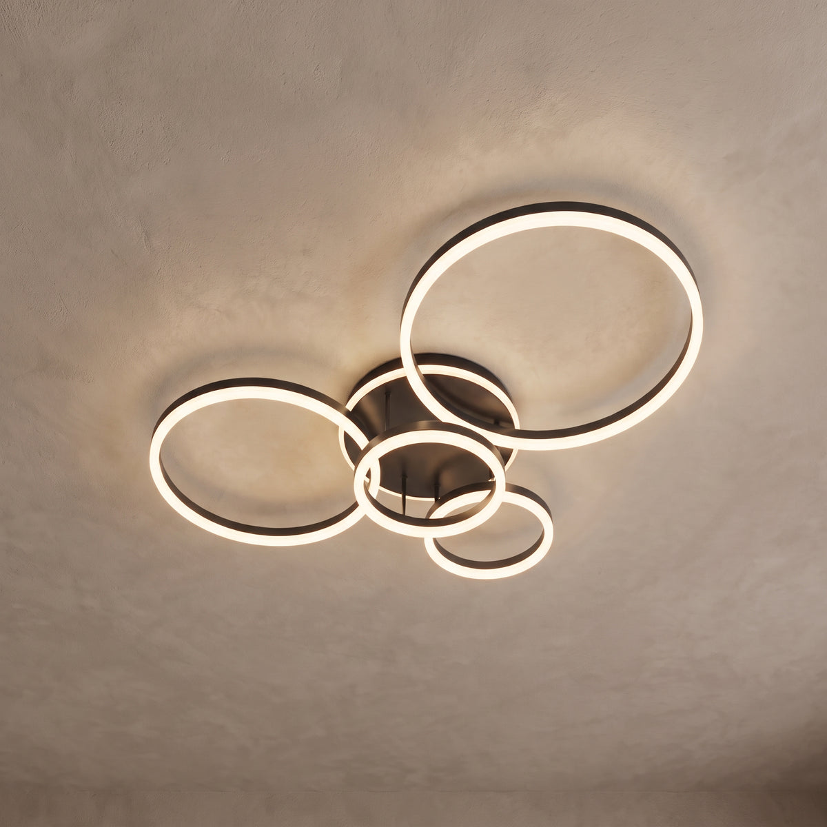 Ondine circle ring ceiling light close-up in black ash with 5 rings