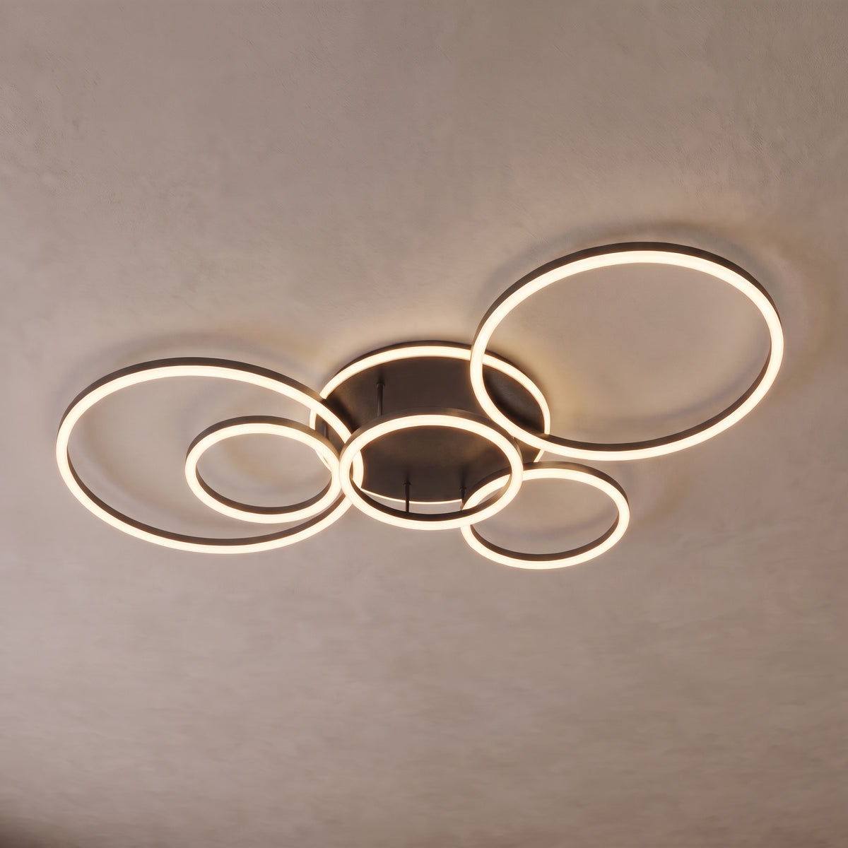 Ondine circle ring ceiling light close-up in black ash with 6 rings