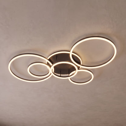 Ondine circle ring ceiling light close-up in black ash with 6 rings