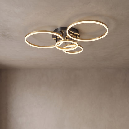 Ondine circle ring ceiling light close-up in metallic gold with 5 rings