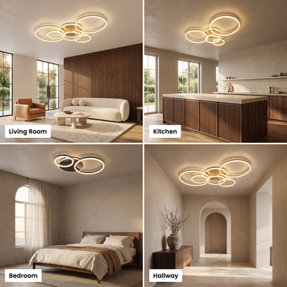 Ondine LED circle ring ceiling light shown in living room, kitchen, bedroom and hallway settings