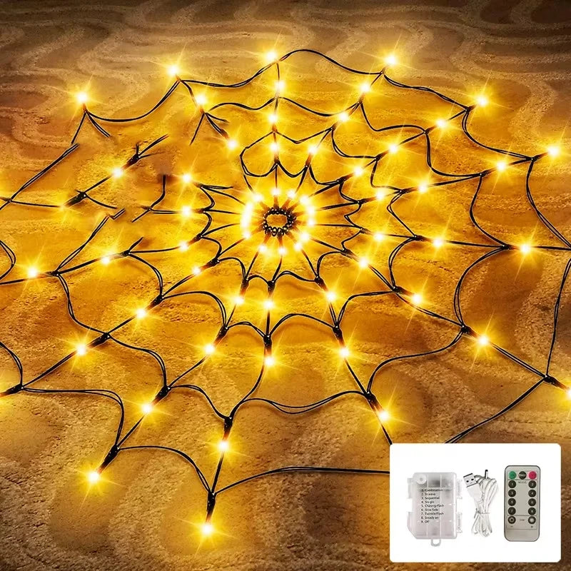 Orange LED Halloween spider web decoration variant