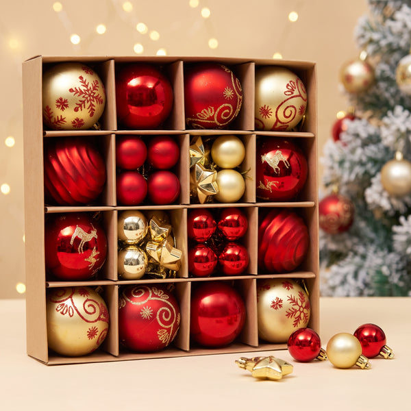 Shatterproof Christmas Ornaments, 44 Piece Set, Gold & Red Glitter Snowflake Tree Balls