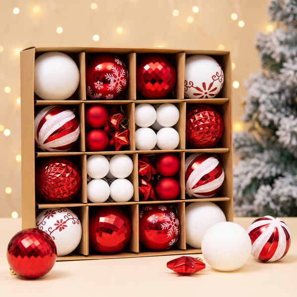 Shatterproof Christmas Ornaments, 44 Red & White Glitter Snowflake Balls for Christmas Tree