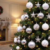 Christmas tree decorated with the silver and white ornament set in a classic living room