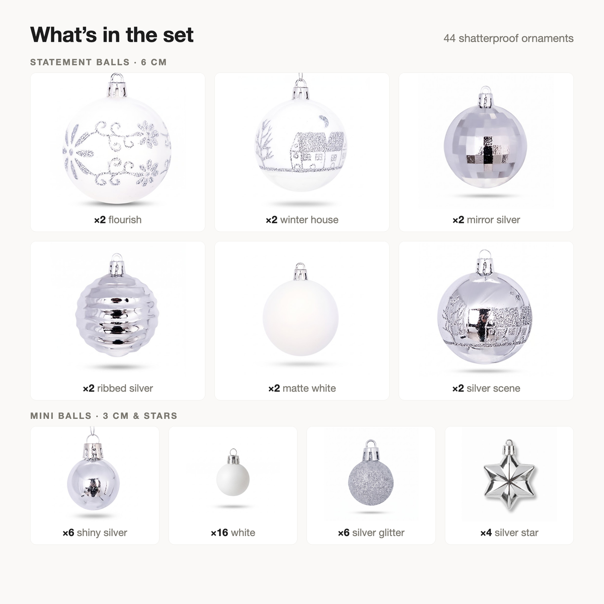 What's in the set: 12 six cm statement balls, 28 three cm mini balls and 4 silver stars