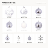 What's in the set: 12 six cm statement balls, 28 three cm mini balls and 4 silver stars