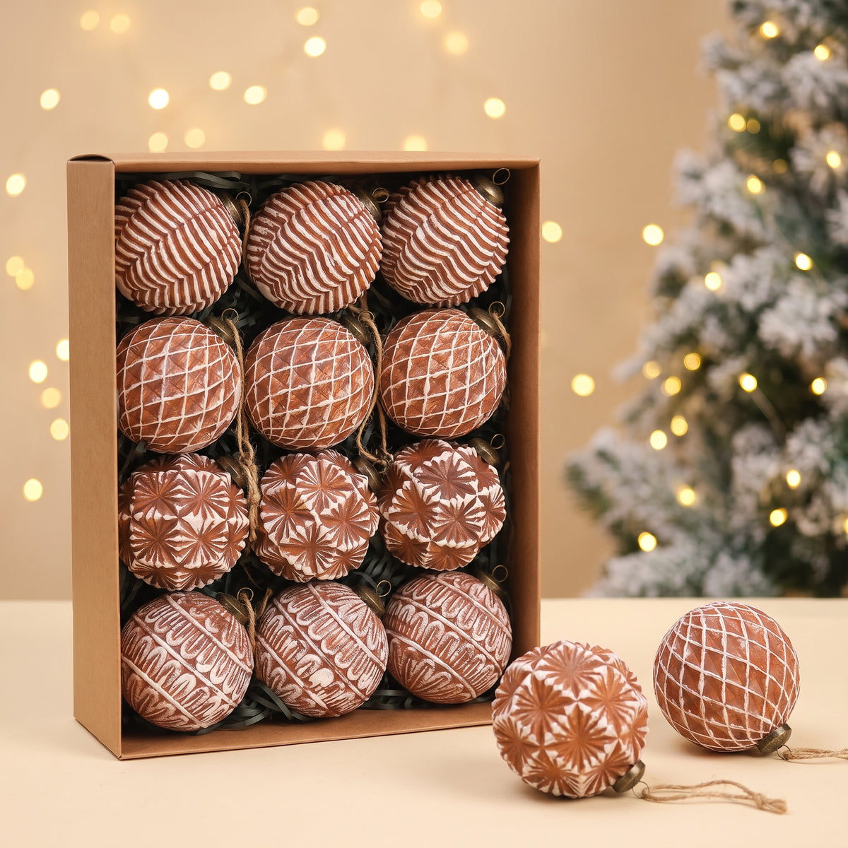 12 vintage gingerbread-style ball ornaments in kraft box