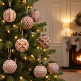Gingerbread-style ornaments hanging in a Christmas tree in a classic living room