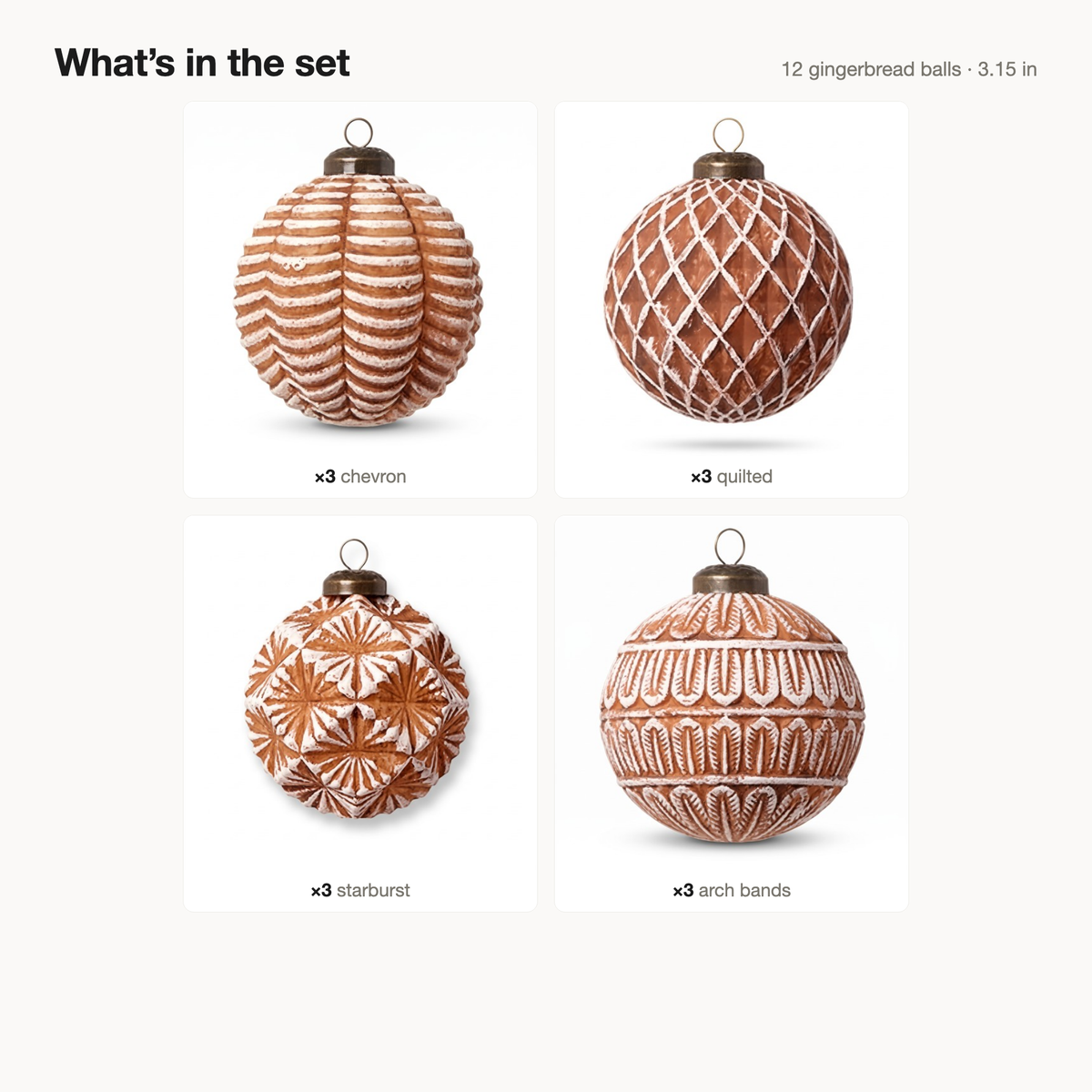 What's in the set: 12 gingerbread balls in four icing patterns, 3.15 inch