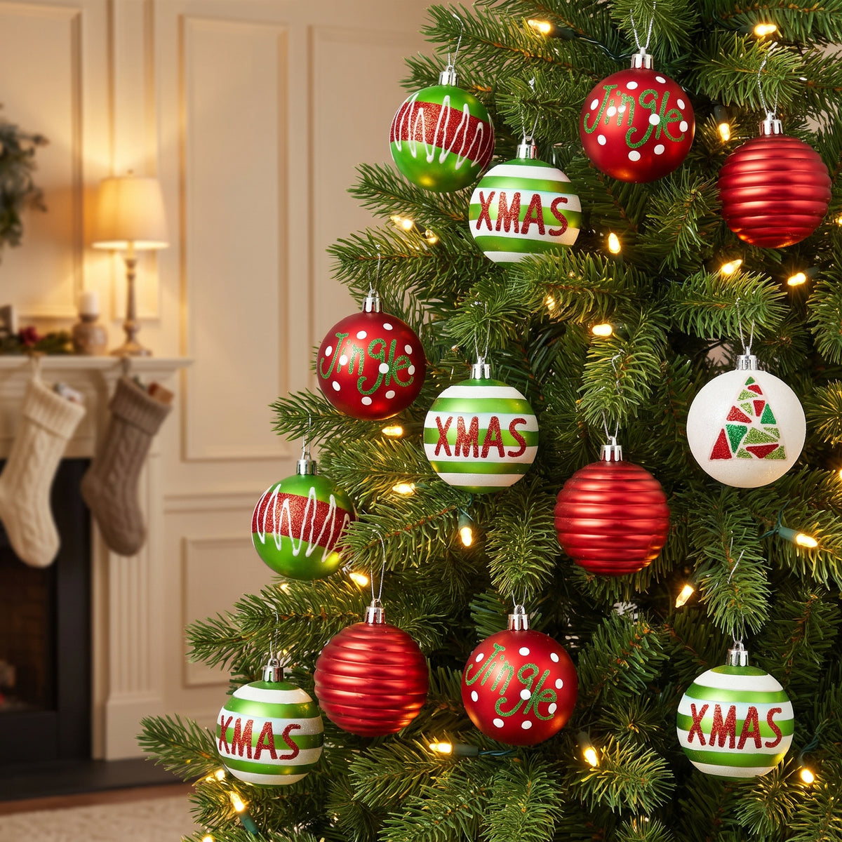 Red and green ornament balls hanging in a Christmas tree in a classic living room