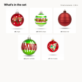 What's in the set: 16 ball ornaments in five designs, 2.36 inch