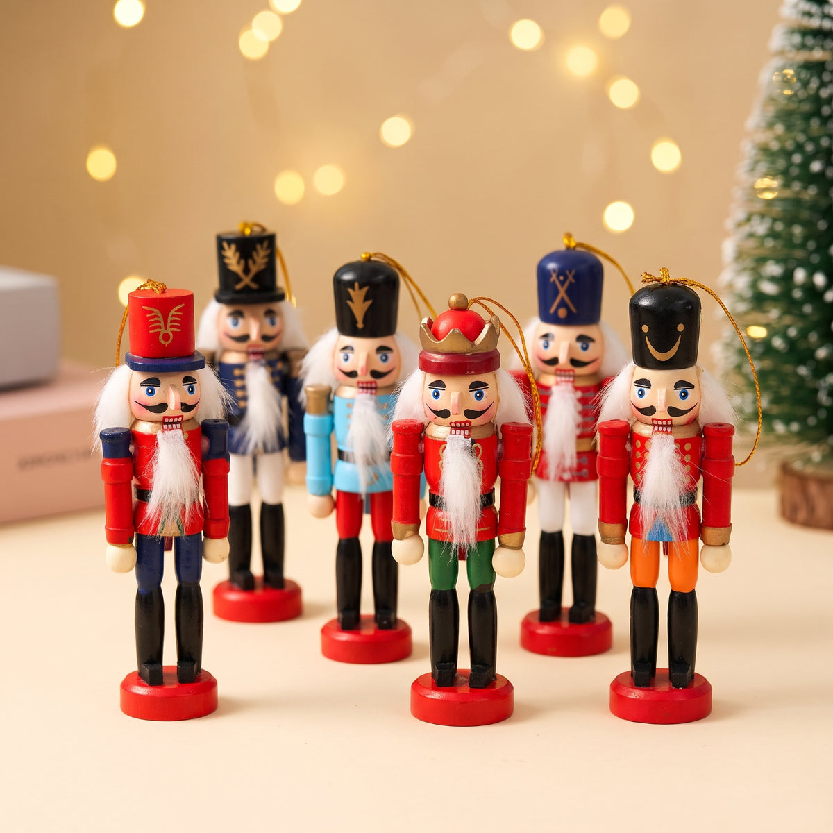 Set of 6 wooden nutcracker soldier clip-on ornaments standing in a row